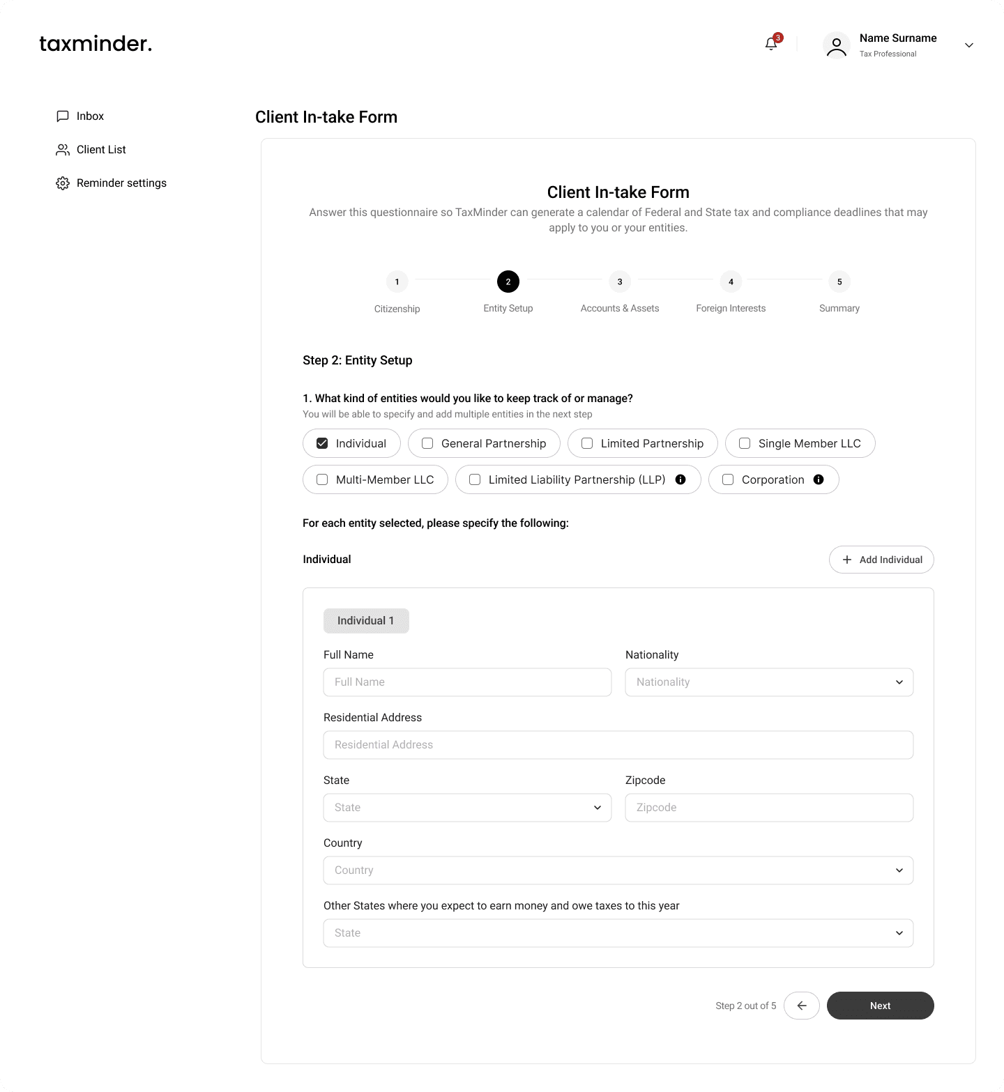 Taxminder screen 1
